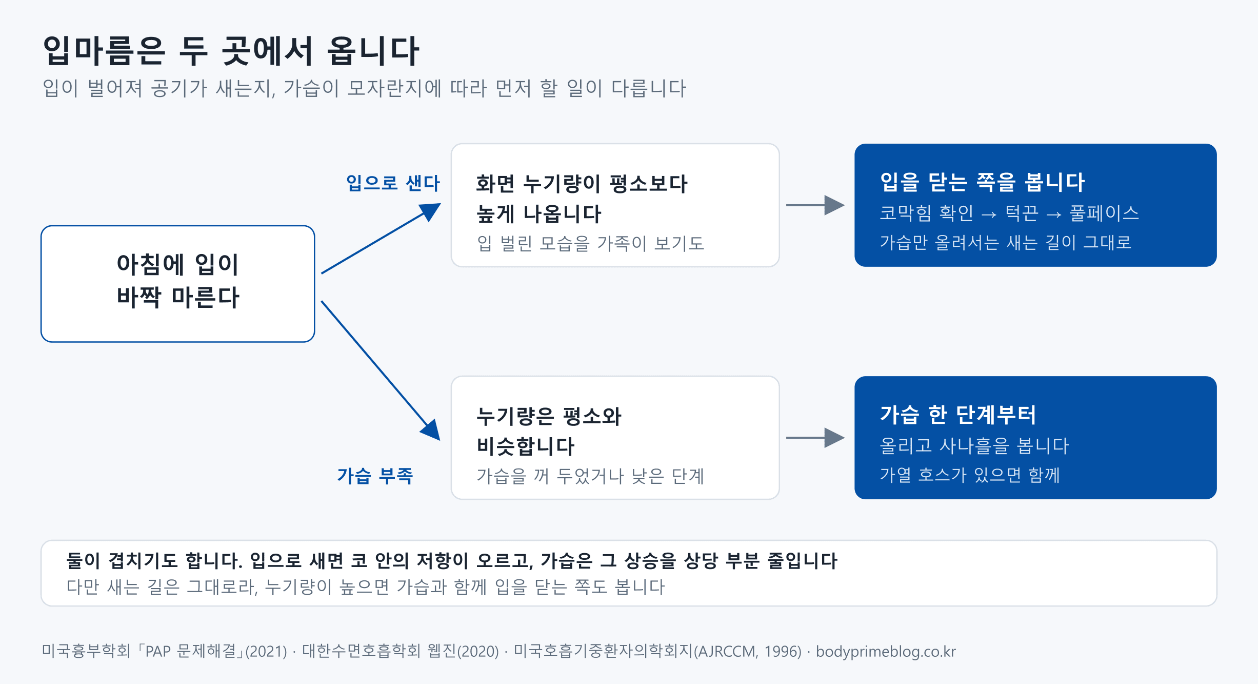 아침 입마름이 어디서 오는지 두 방향으로 나눈 도식입니다. 입으로 공기가 새는 경우 화면 누기량이 평소보다 높게 나오고 가족이 입 벌린 모습을 보기도 하며, 이때는 코막힘 확인, 턱끈, 풀페이스 순서로 입을 닫는 쪽을 봅니다. 가습만 올려서는 새는 길이 그대로입니다. 가습이 부족한 경우 누기량은 평소와 비슷하고 가습을 꺼 두었거나 낮은 단계이며, 가습을 한 단계 올리고 사나흘을 보고 가열 호스가 있으면 함께 씁니다. 둘이 겹치기도 합니다. 입으로 새면 코 안의 저항이 오르고 가습은 그 상승을 상당 부분 줄이지만, 새는 길은 그대로라 누기량이 높으면 가습과 함께 입을 닫는 쪽도 봅니다.