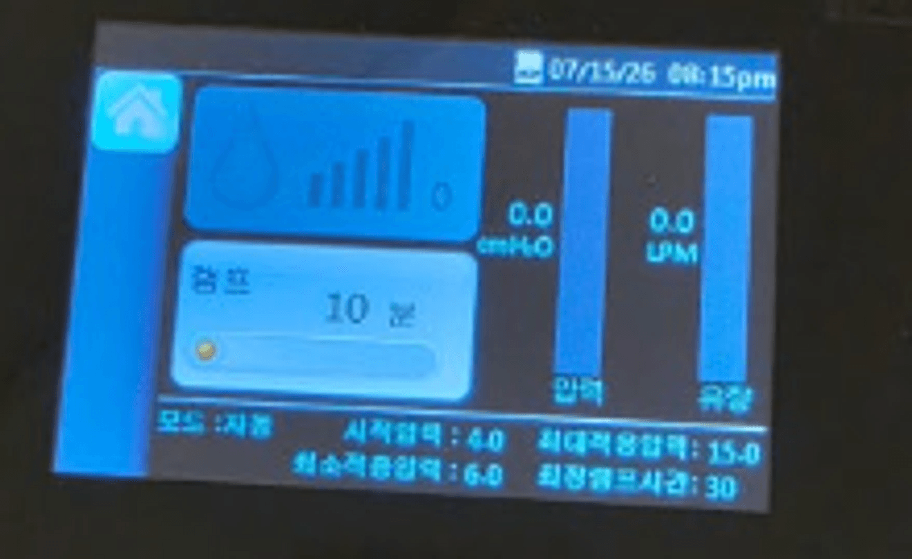 자동형 양압기 화면 확대 — 모드: 자동, 시작압력 4.0, 최소치료압력 6.0, 최대치료압력 15.0cmH₂O. 자동형은 이렇게 압력 범위가 화면에 표시된다