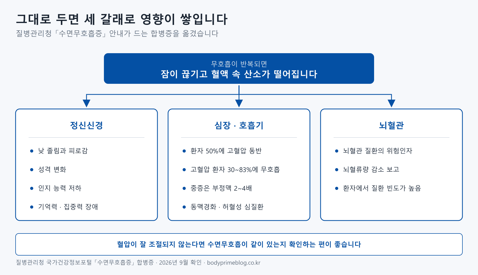 수면무호흡을 치료하지 않고 두었을 때 따라오는 합병증을 세 갈래로 나눈 도식입니다. 무호흡이 반복되면 잠이 끊기고 혈액 속 산소가 떨어지며, 여기서 세 방향으로 영향이 갈라집니다. 정신신경은 낮 졸림과 피로감, 성격 변화, 인지 능력 저하, 기억력과 집중력 장애입니다. 심장과 호흡기는 환자의 50퍼센트에 고혈압이 동반되고, 고혈압 환자의 30에서 83퍼센트에 수면무호흡이 보고되며, 중증에서는 부정맥이 2에서 4배 흔하고, 동맥경화와 허혈성 심질환도 관련이 있습니다. 뇌혈관은 뇌혈관 질환의 위험인자이고 뇌혈류량 감소 보고가 있으며 환자에서 질환 빈도가 높습니다. 혈압이 잘 조절되지 않는다면 수면무호흡이 같이 있는지 확인하는 편이 좋습니다.