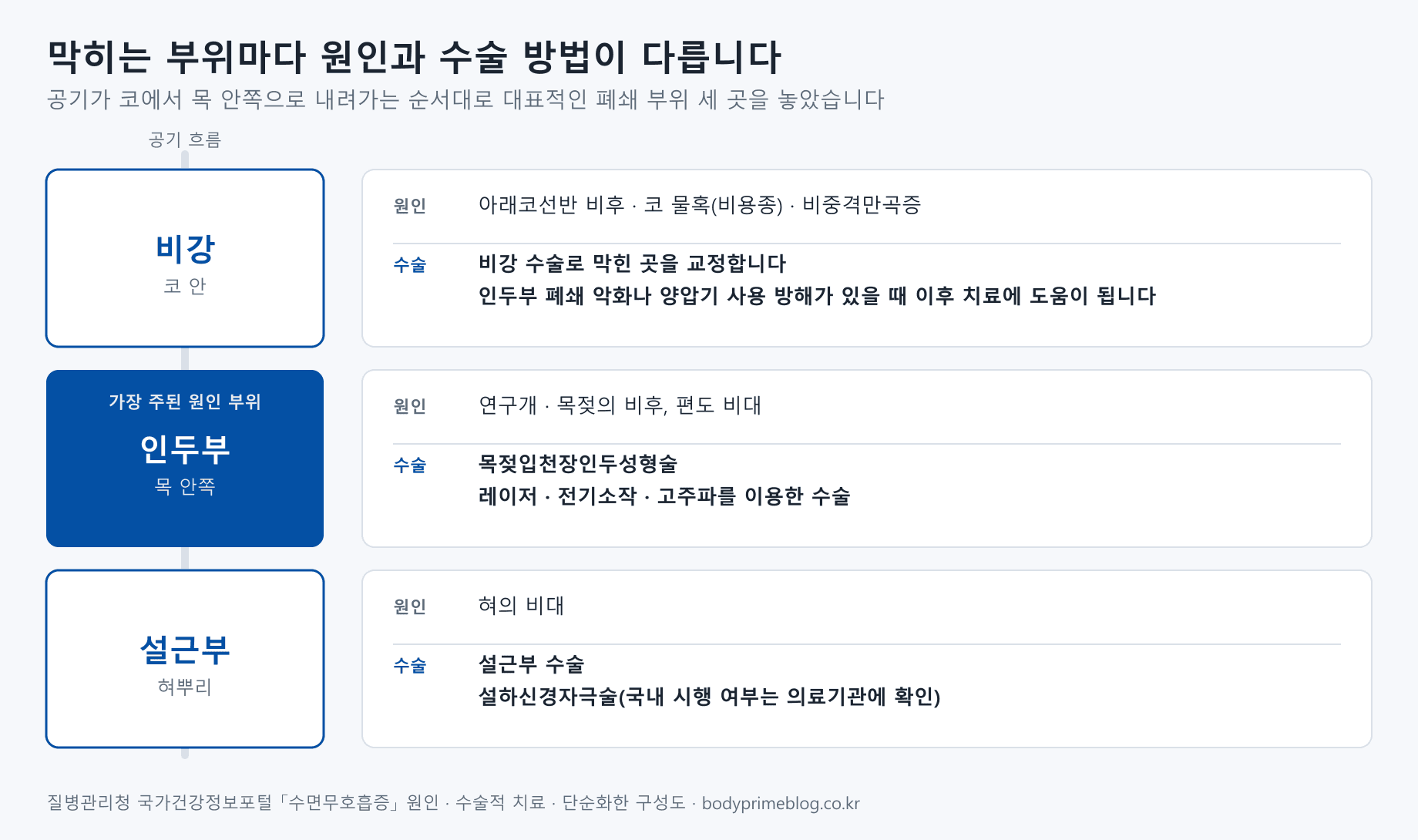 대표적인 폐쇄 부위 세 곳의 원인과 수술을 정리한 구성도입니다. 비강(코 안)은 아래코선반 비후·코 물혹·비중격만곡증이 원인이고 비강 수술로 막힌 곳을 교정합니다. 인두부(목 안쪽)는 가장 주된 원인 부위로 연구개·목젖의 비후와 편도 비대가 원인이며 목젖입천장인두성형술과 레이저·전기소작·고주파 수술이 있습니다. 설근부(혀뿌리)는 혀의 비대가 원인이고 설근부 수술과 설하신경자극술이 있으며, 설하신경자극술의 국내 시행 여부는 의료기관에 확인해야 합니다.